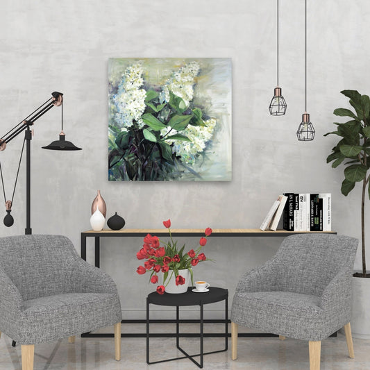 White Lilacs Canvas - Blue Botanical Floral Home Decor Art