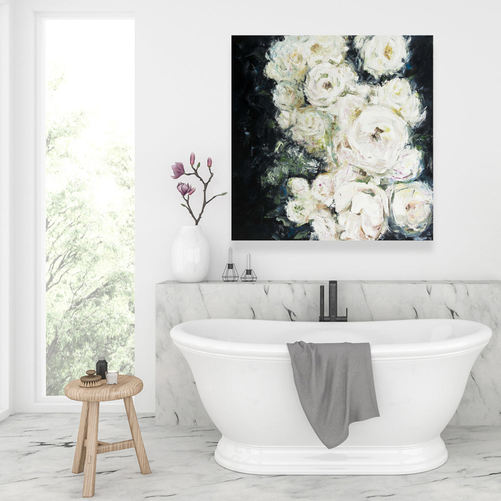 Garden Roses Botanical White Floral Canvas - Home Decor Art