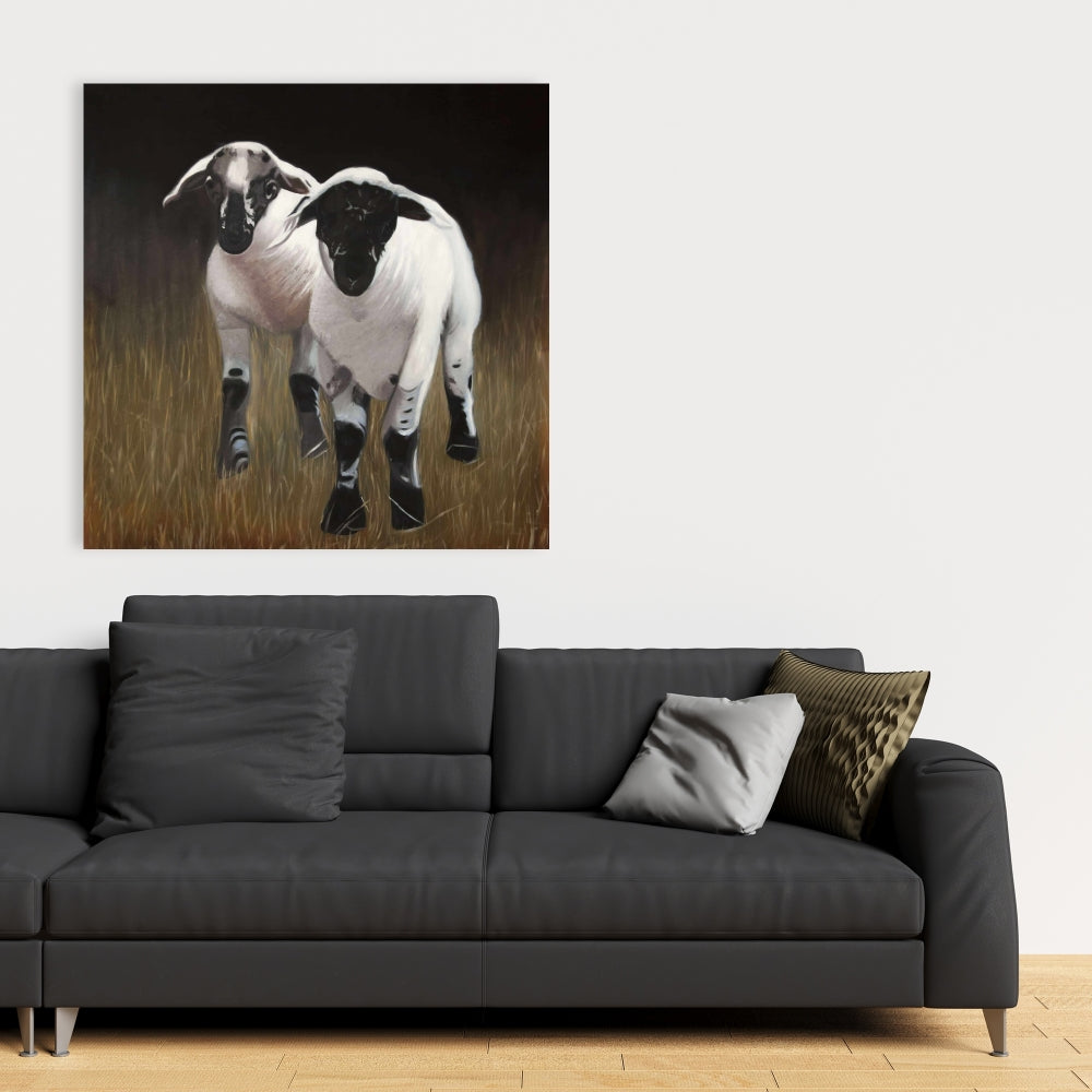Two Lambs Black Canvas - Farm Animals Home Decor Artwork
