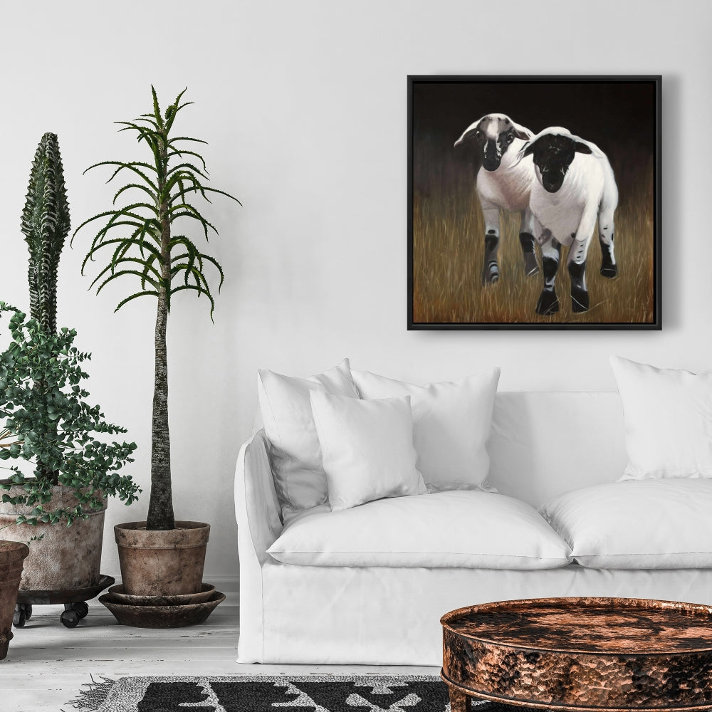 Toile encadrée Deux agneaux – Décoration de salon rustique avec animaux de la ferme