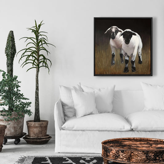 Toile encadrée Deux agneaux – Décoration de salon rustique avec animaux de la ferme