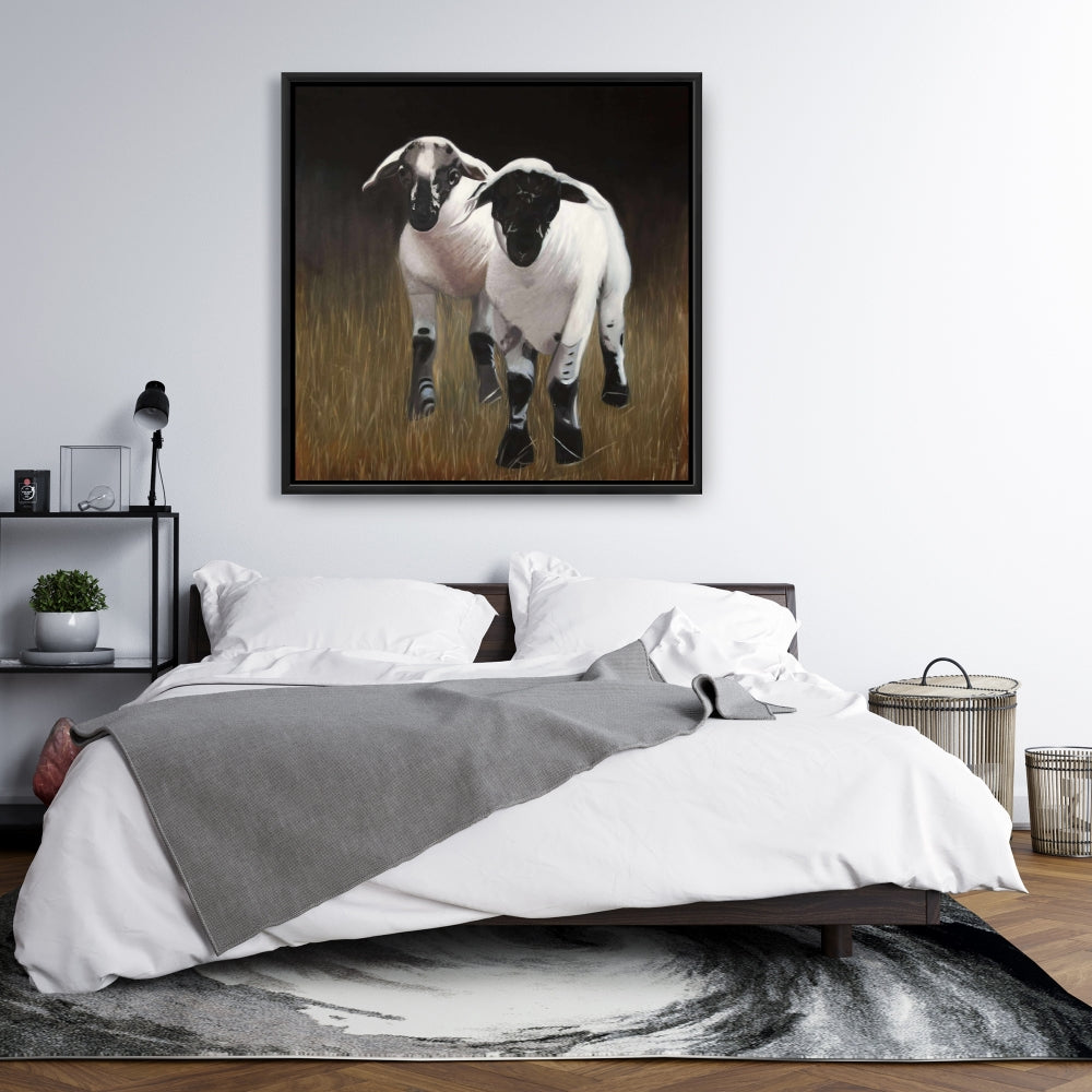 Toile encadrée Deux agneaux – Décoration de salon rustique avec animaux de la ferme
