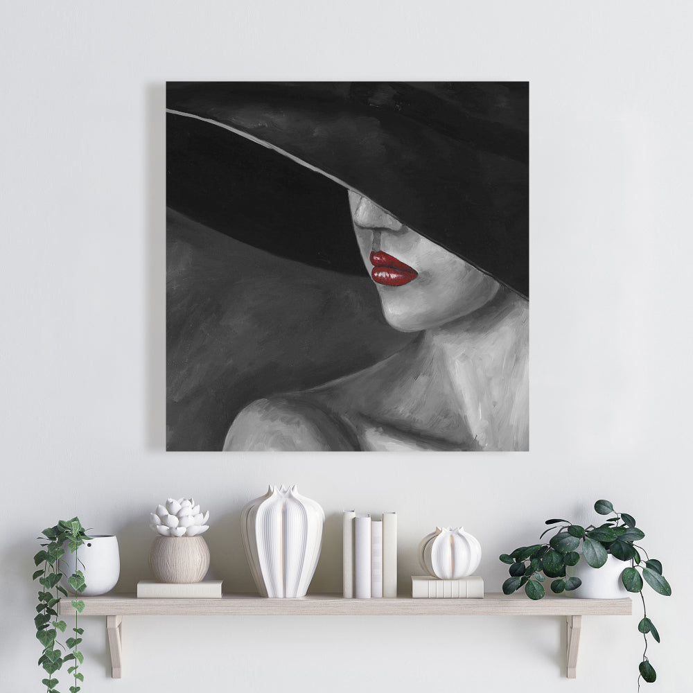 Femme mystérieuse au chapeau, toile grise | Décoration d'intérieur romantique