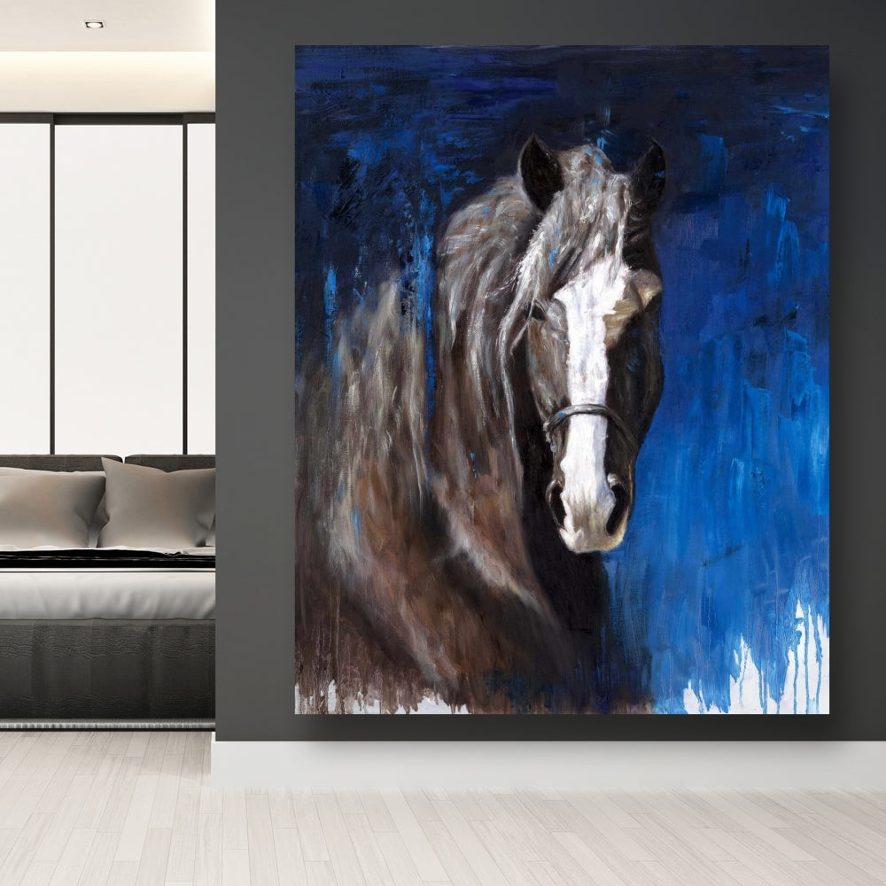 Brown Horse Blue Canvas | Animal Bedroom Decor Wall Art