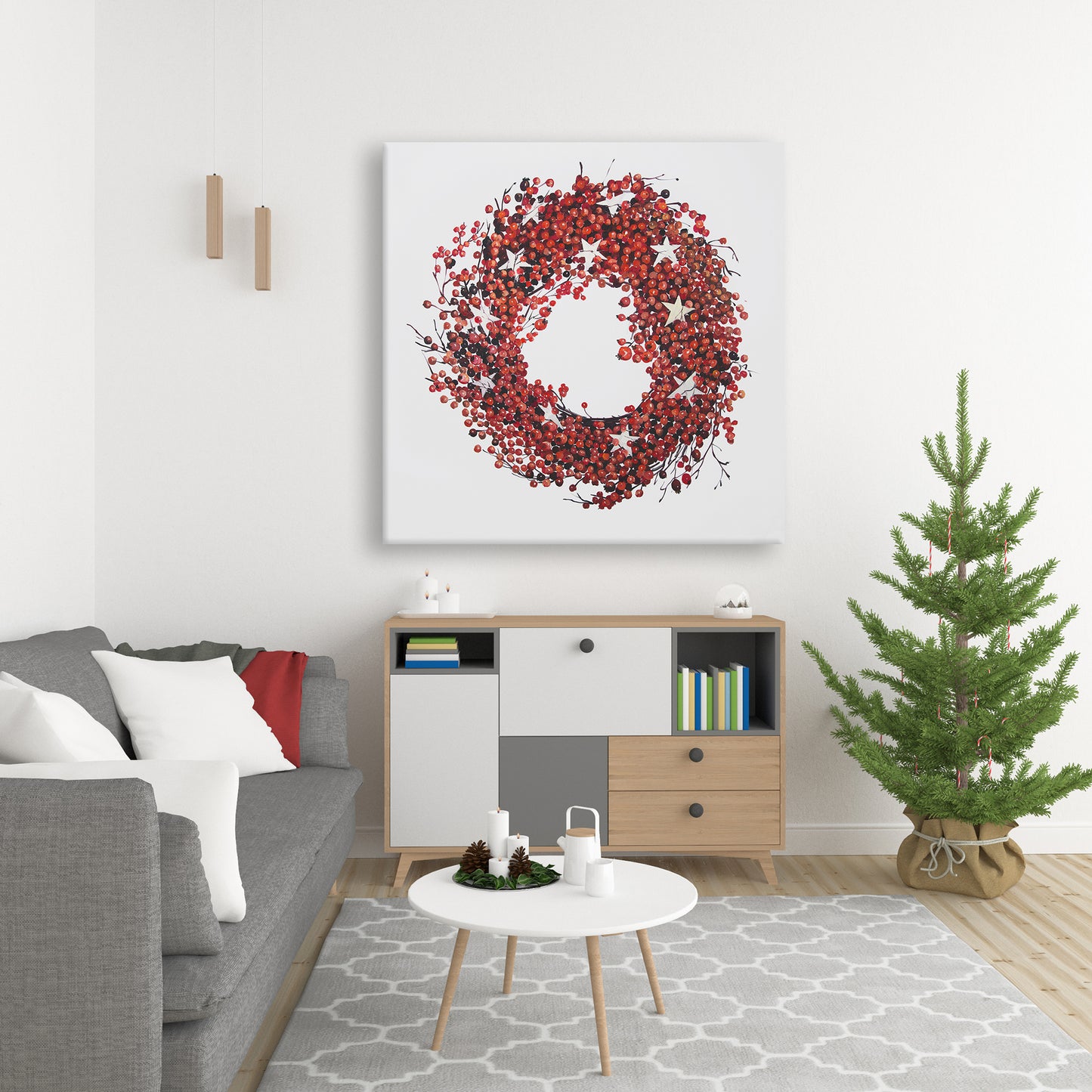 Rustic Red Berry Wreath Canvas - Home Decor for Livingroom