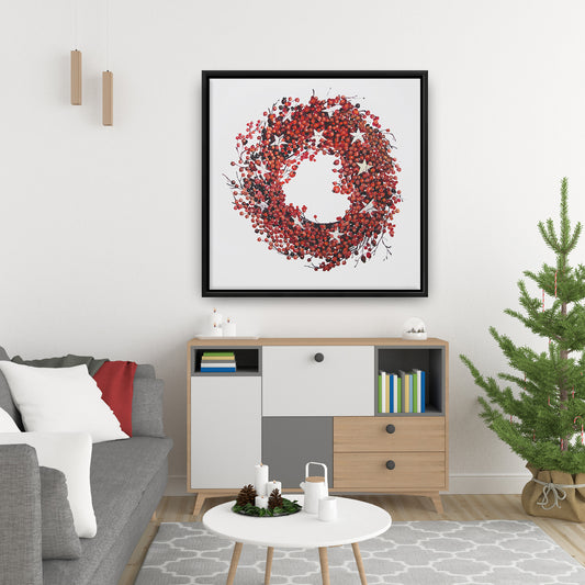 Red Berry Wreath Canvas | Botanical Livingroom Decor | Red Frame