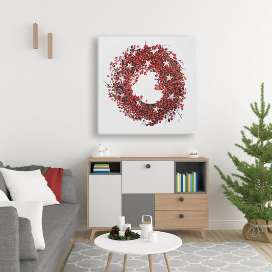 Couronne de baies rouges rustiques sur toile – Décoration d'intérieur pour le salon