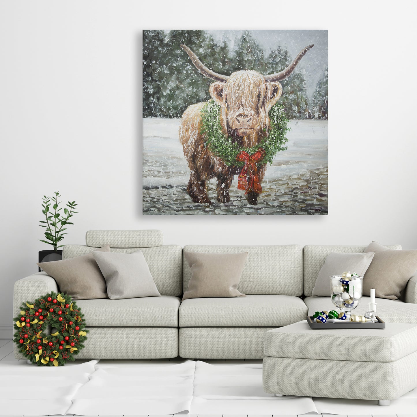 Highland Christmas Cow Canvas | White Farm Animals Decor