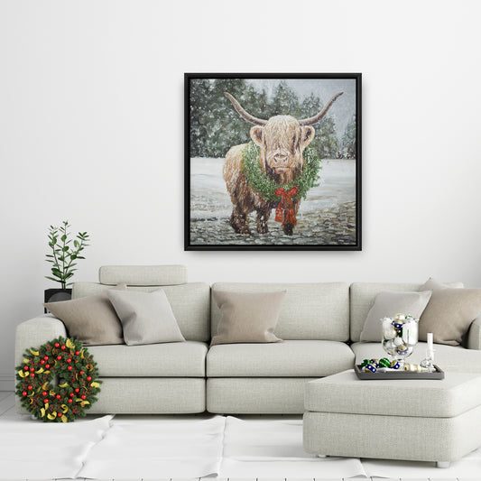 Décoration de cuisine blanche en toile représentant une vache de Noël des Highlands