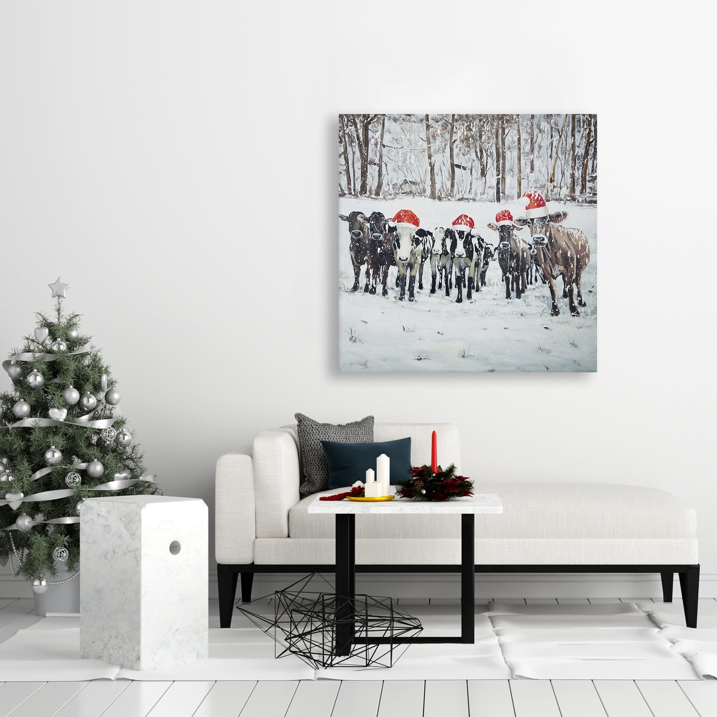 Curious Christmas Cows Canvas | Rustic Farm Animal Decor