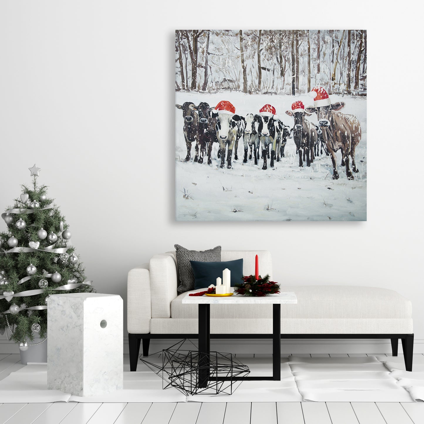 Curious Christmas Cows Canvas | Rustic Farm Animal Decor