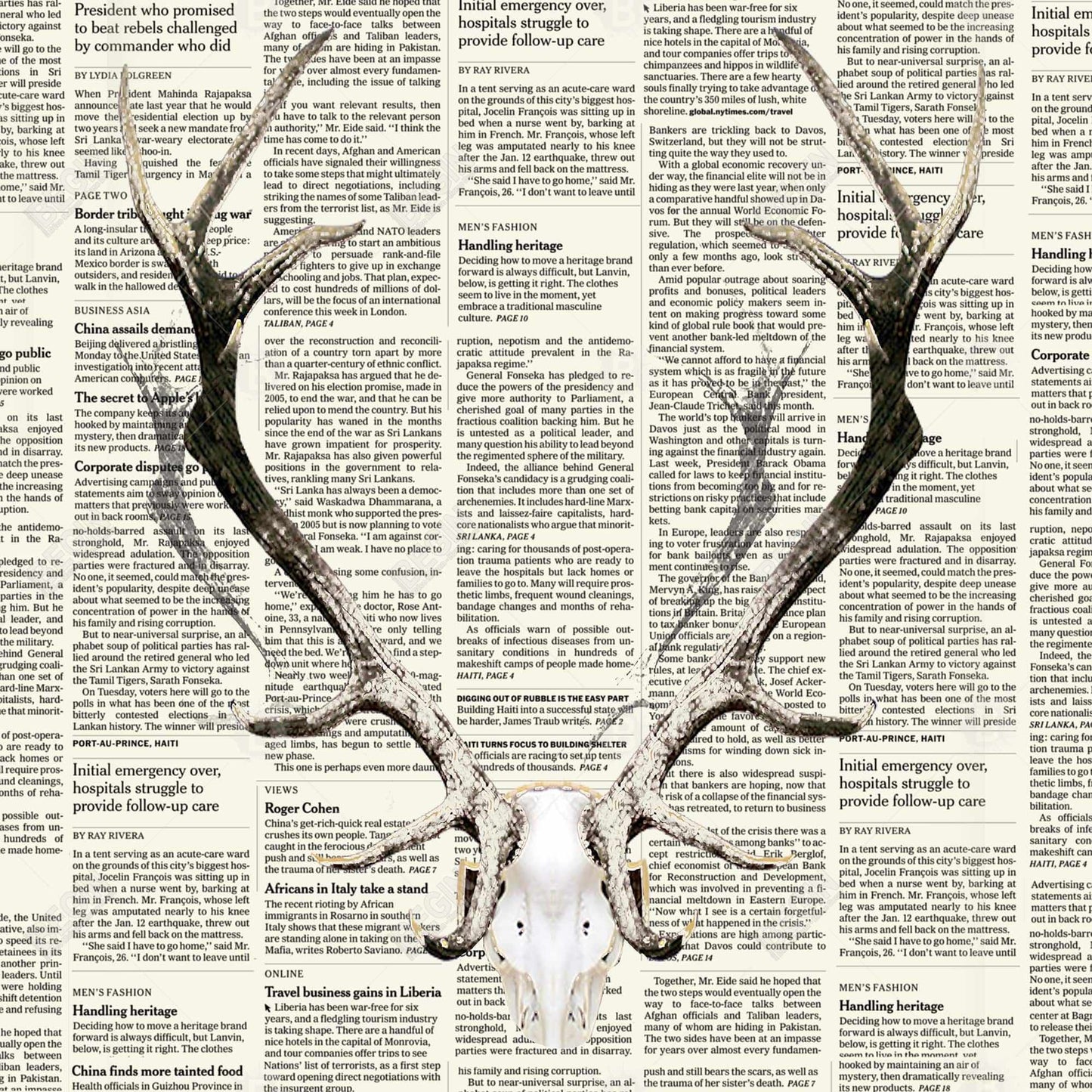 Toile de chambre marron cerf | Décor de cornes de cerf sur papier journal