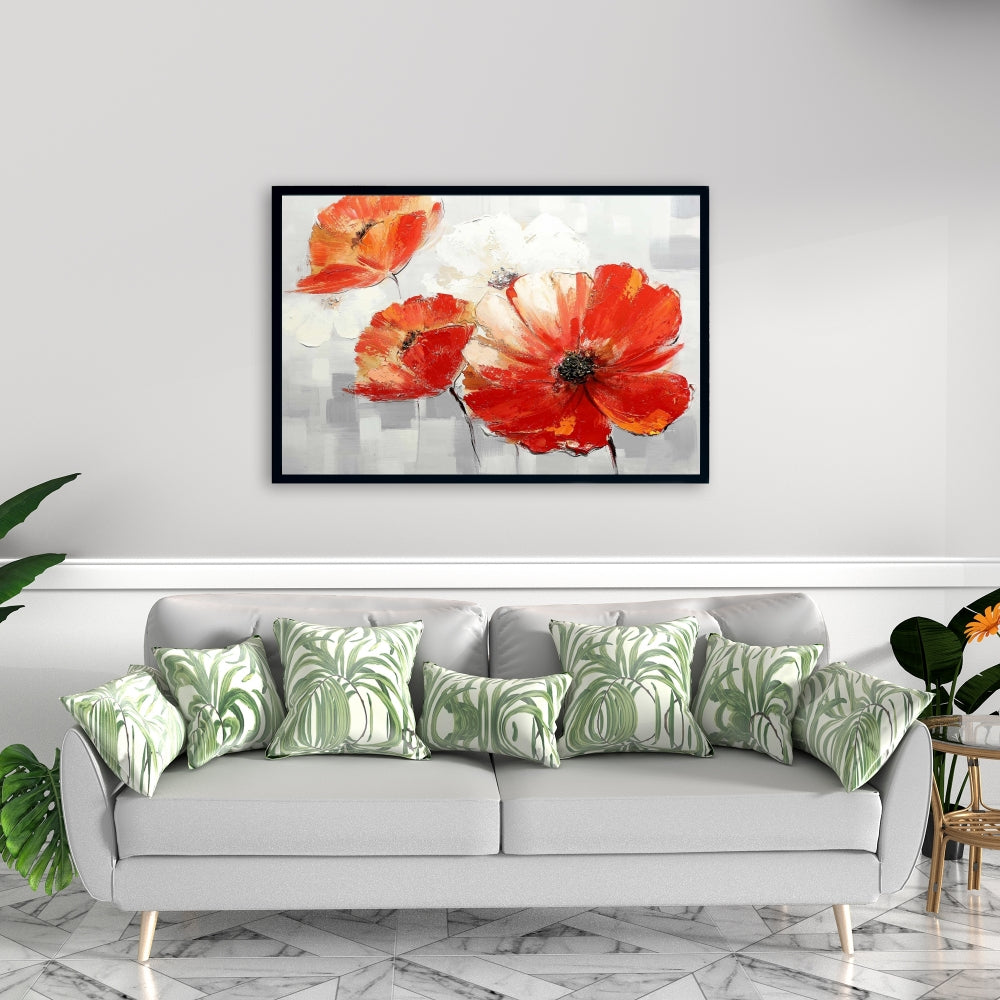 Abstract Red Wild Flowers Framed Canvas | Floral Bedroom Decor