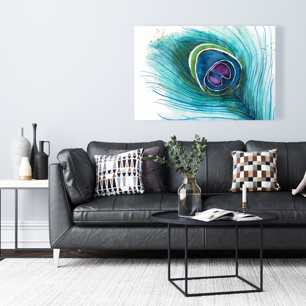 Peacock Feather Closeup Canvas | Bohemian Bird Blue Decor