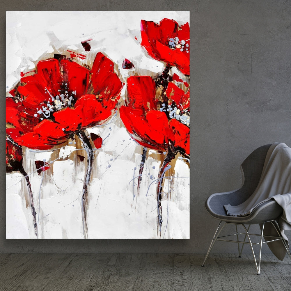 White Floral Bedroom Canvas - Red Poppies with Texture Decor