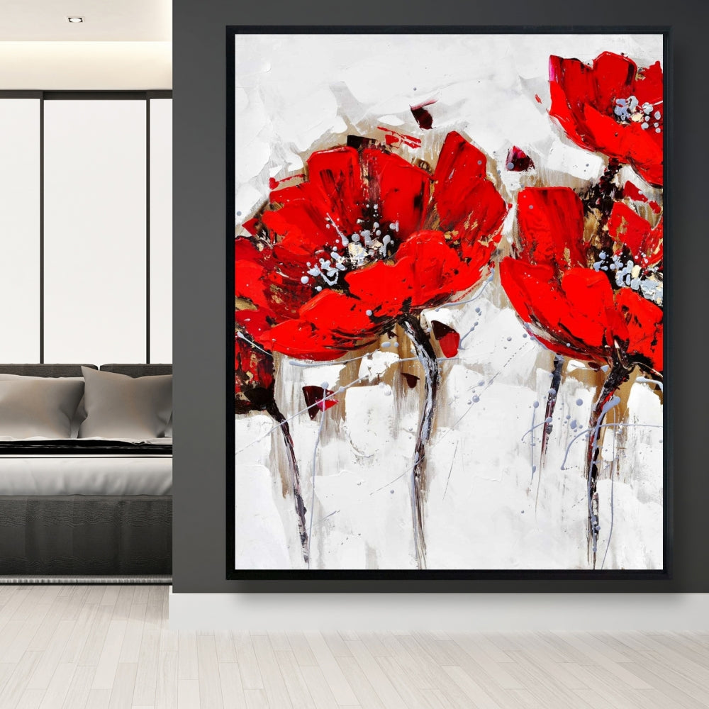 Botanical Bedroom Framed Canvas | Red Poppies Textured Decor
