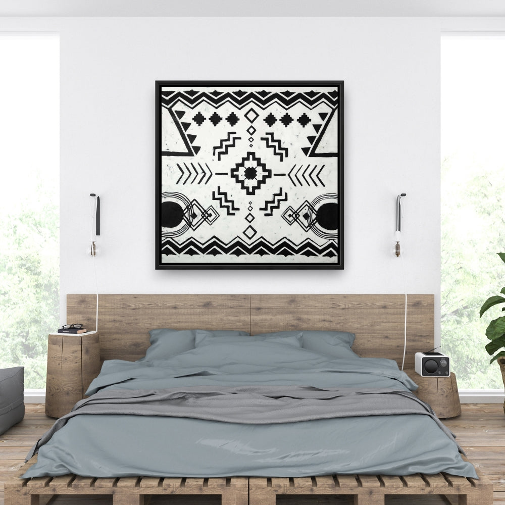 Toile encadrée blanche à motifs ethniques | Décoration de salon