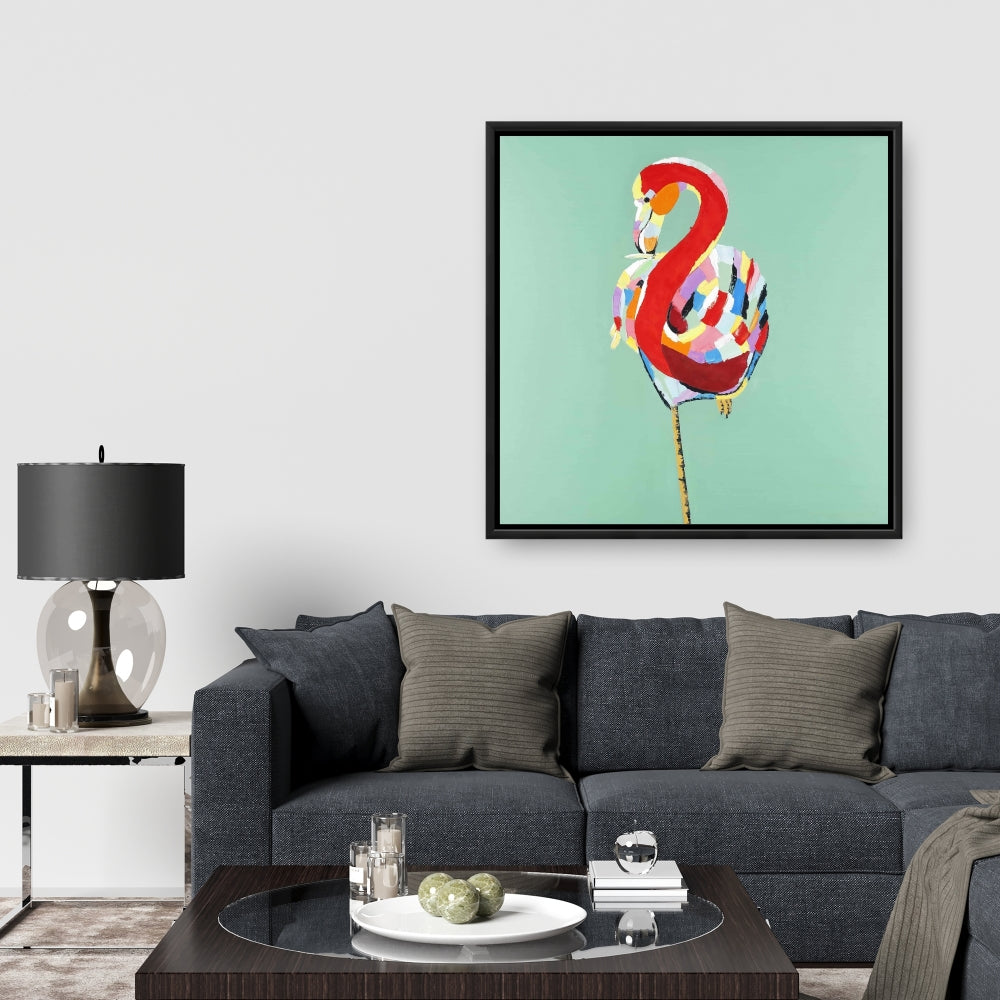 Toile encadrée colorée et abstraite représentant un flamant rose – Décoration d'intérieur Red Bird
