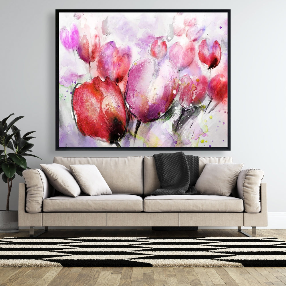 Tulipes floues abstraites | Toile contemporaine violette pour chambre