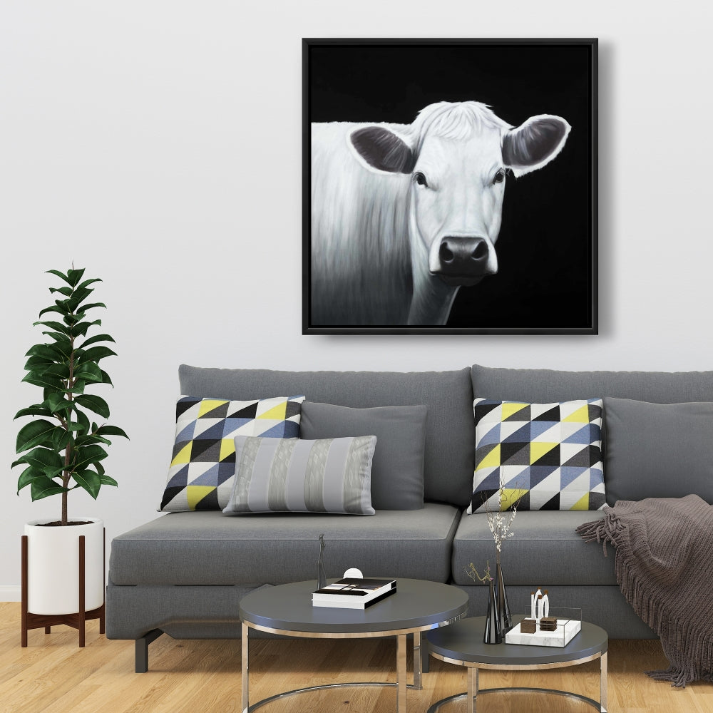 White Cow Framed Canvas | Farm Animal Monochrome Home Decor