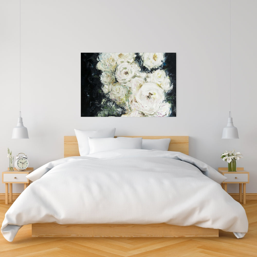 Garden Roses Botanical White Floral Canvas - Home Decor Art