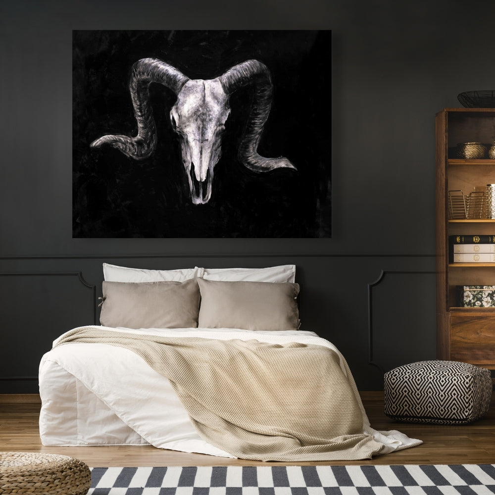 Ram Skull Grunge Style Canvas | Gray Farm Animals Decor