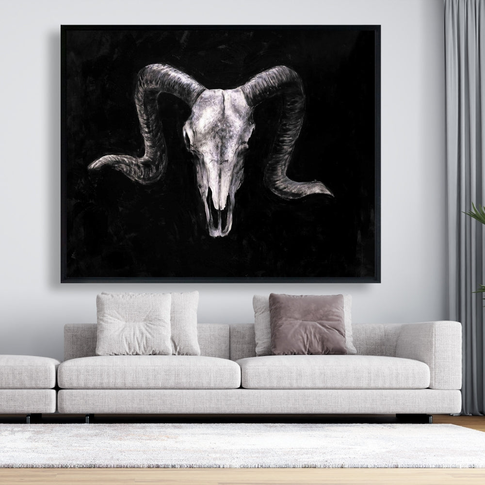 Ram Skull Grunge Canvas | Gray Framed Farm Animal Decor