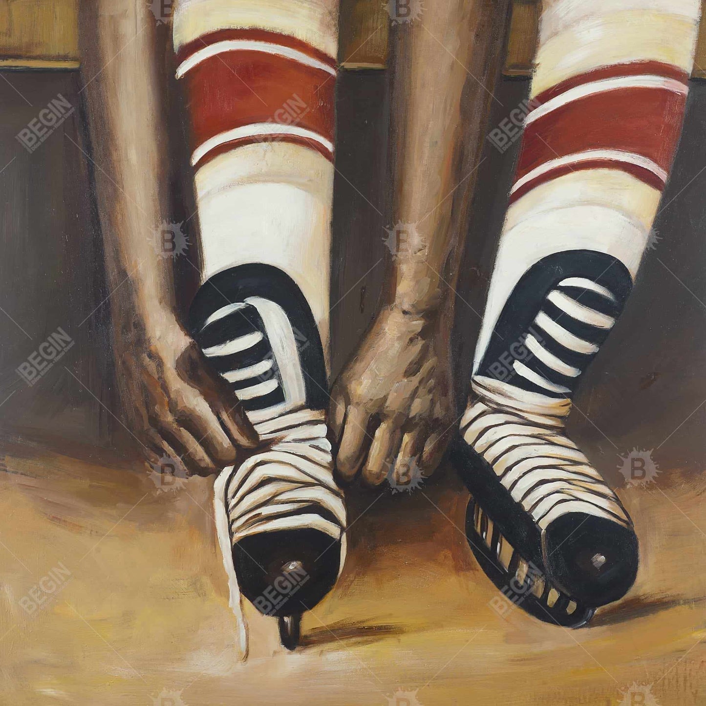Toile encadrée « Joueur de hockey attachant ses patins » | Décoration d'intérieur sportive