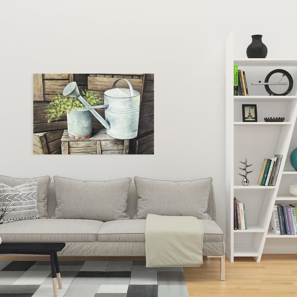 Vintage Watering Can Canvas | Brown Still Life Home Decor