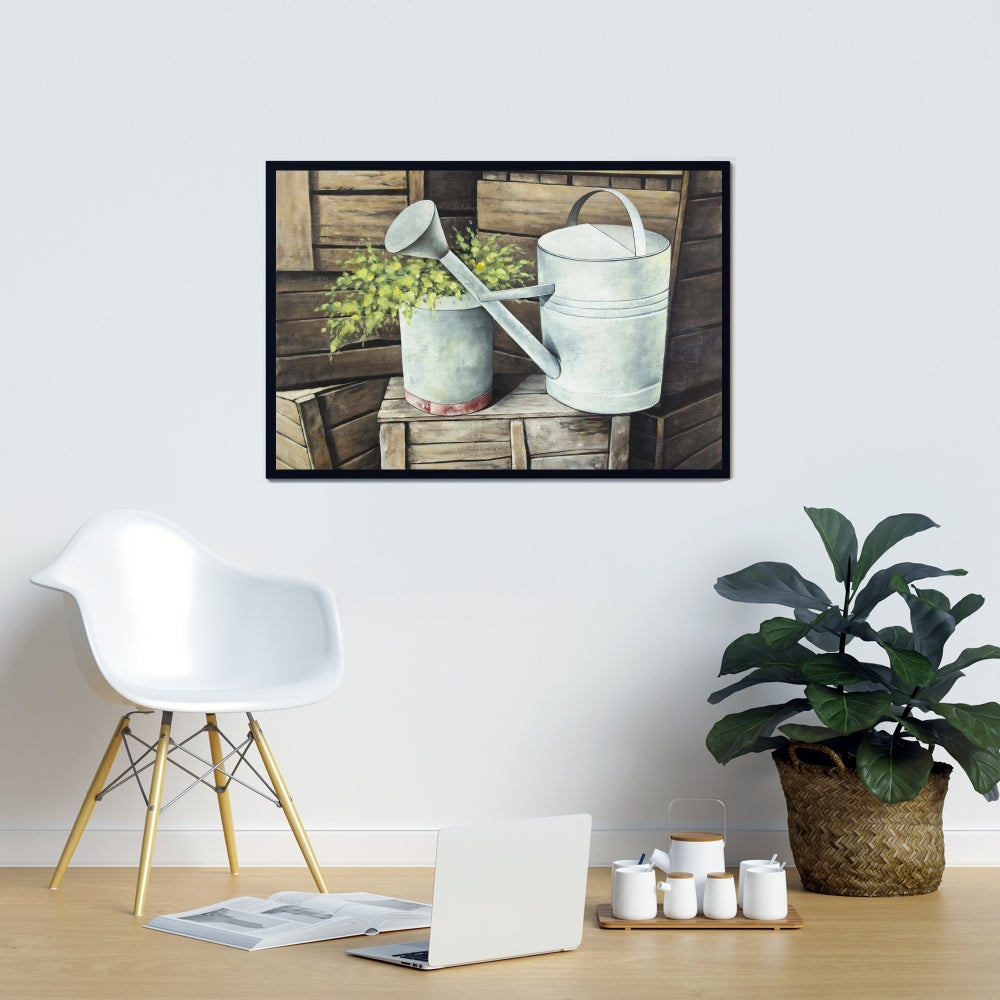 Arrosoir vintage | Toile décorative avec nature morte de fleurs marron