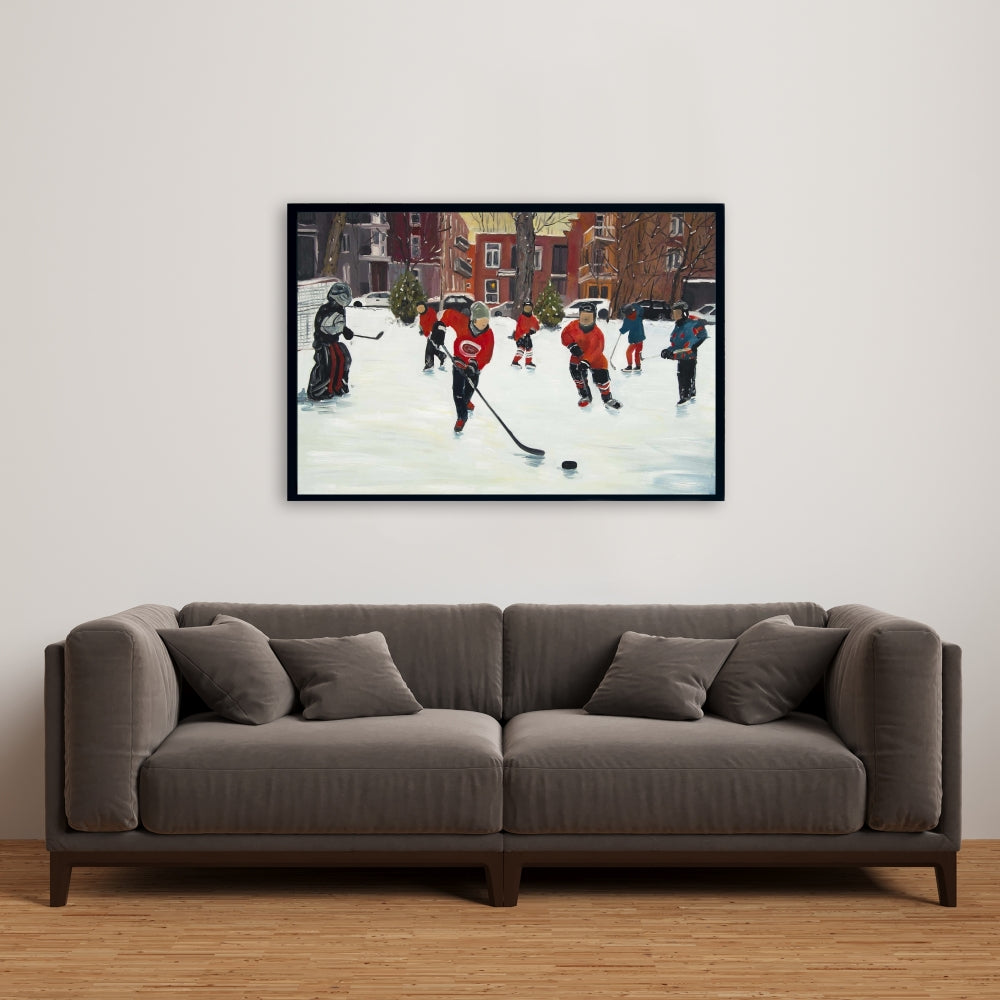 Toile encadrée marron représentant de jeunes joueurs de hockey