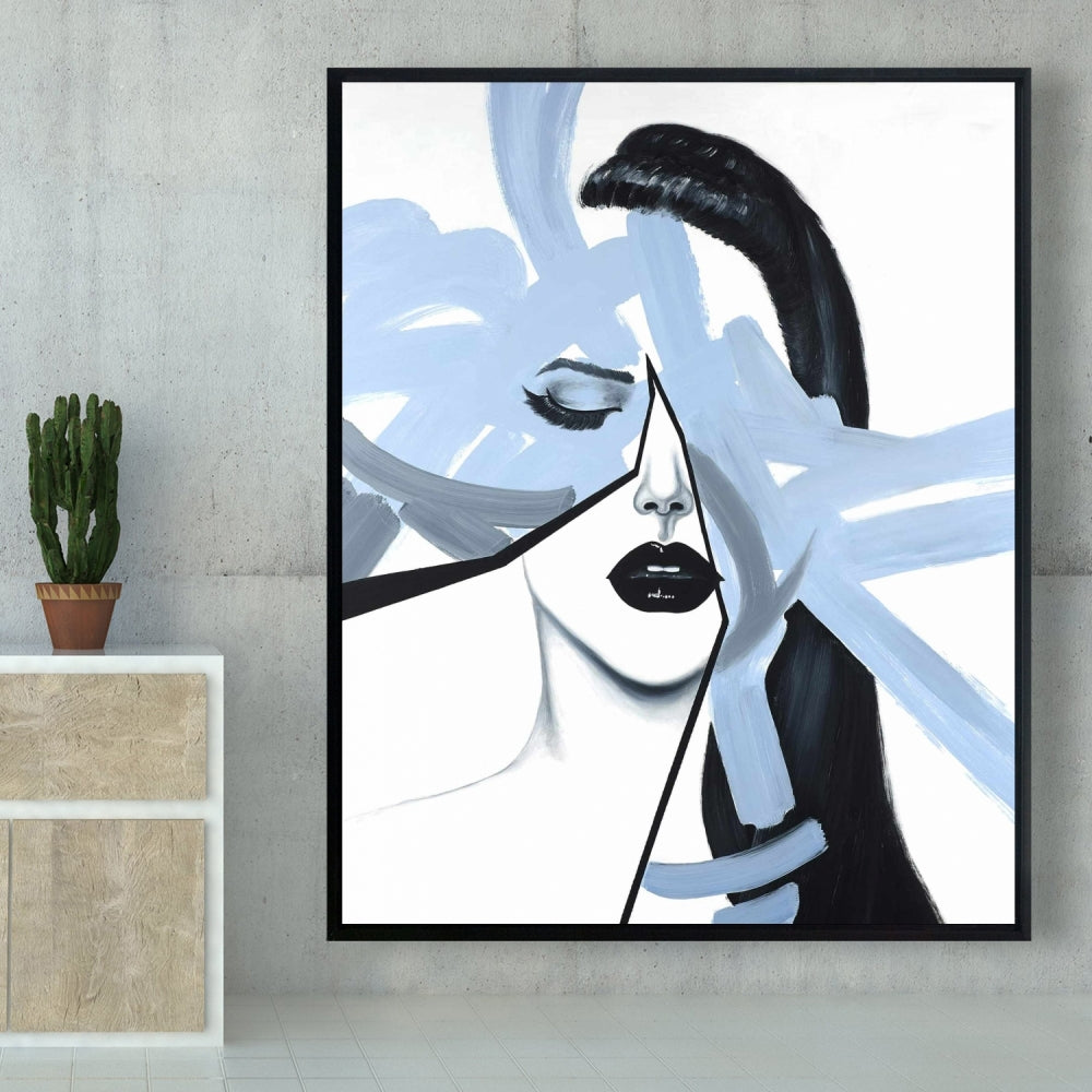 Portrait abstrait de femme bleue | Toile encadrée contemporaine