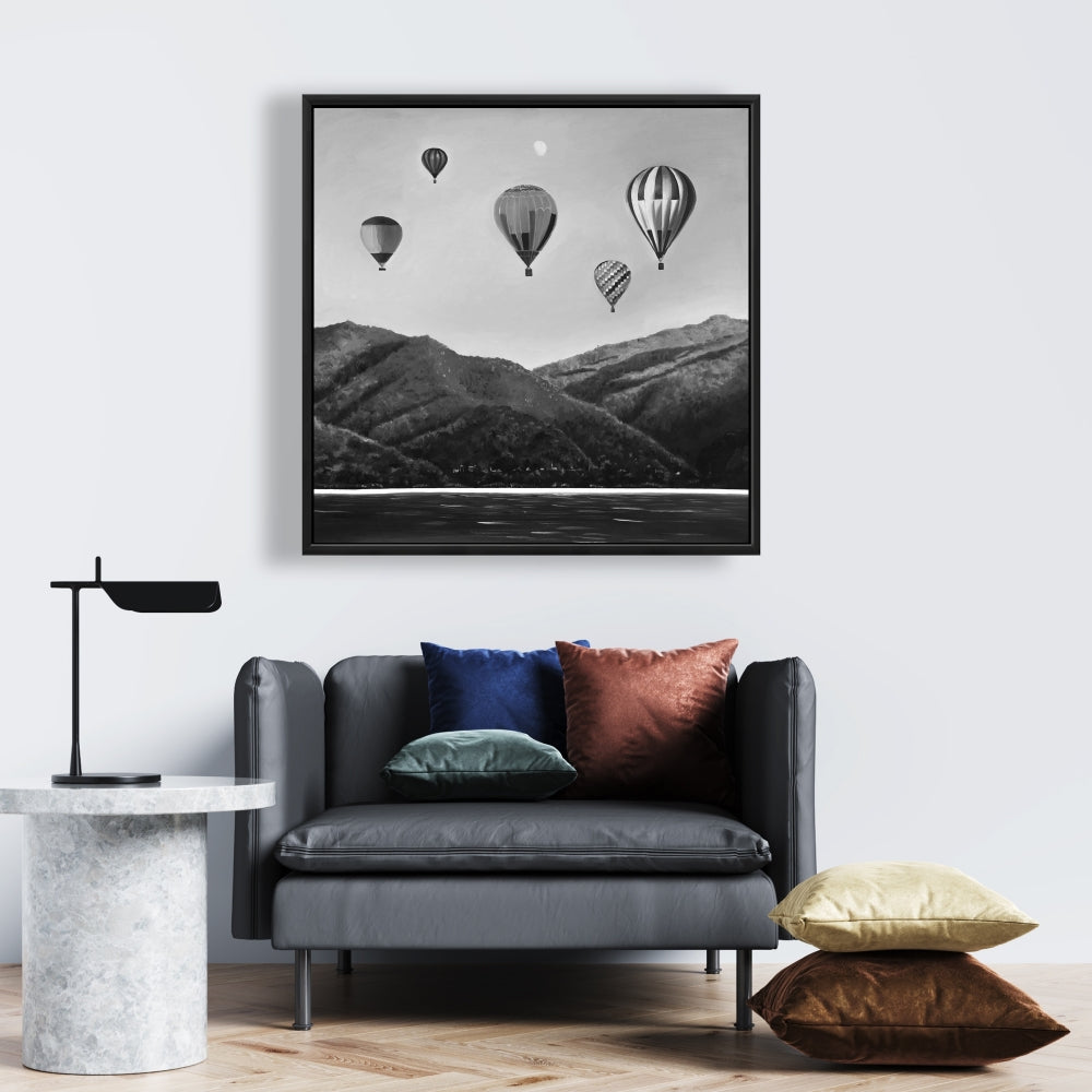 Paysage de montgolfières | Toile grise monochrome | Décoration d'intérieur