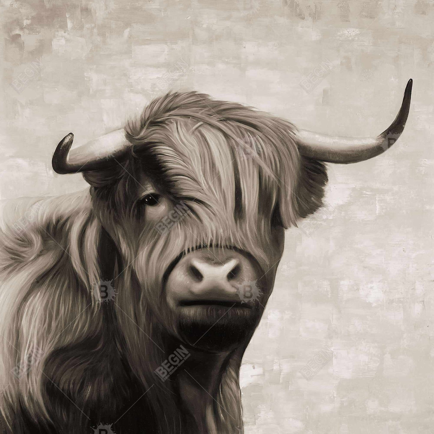 Highland Cattle Sepia Canvas - Beige Farm Animal Home Decor