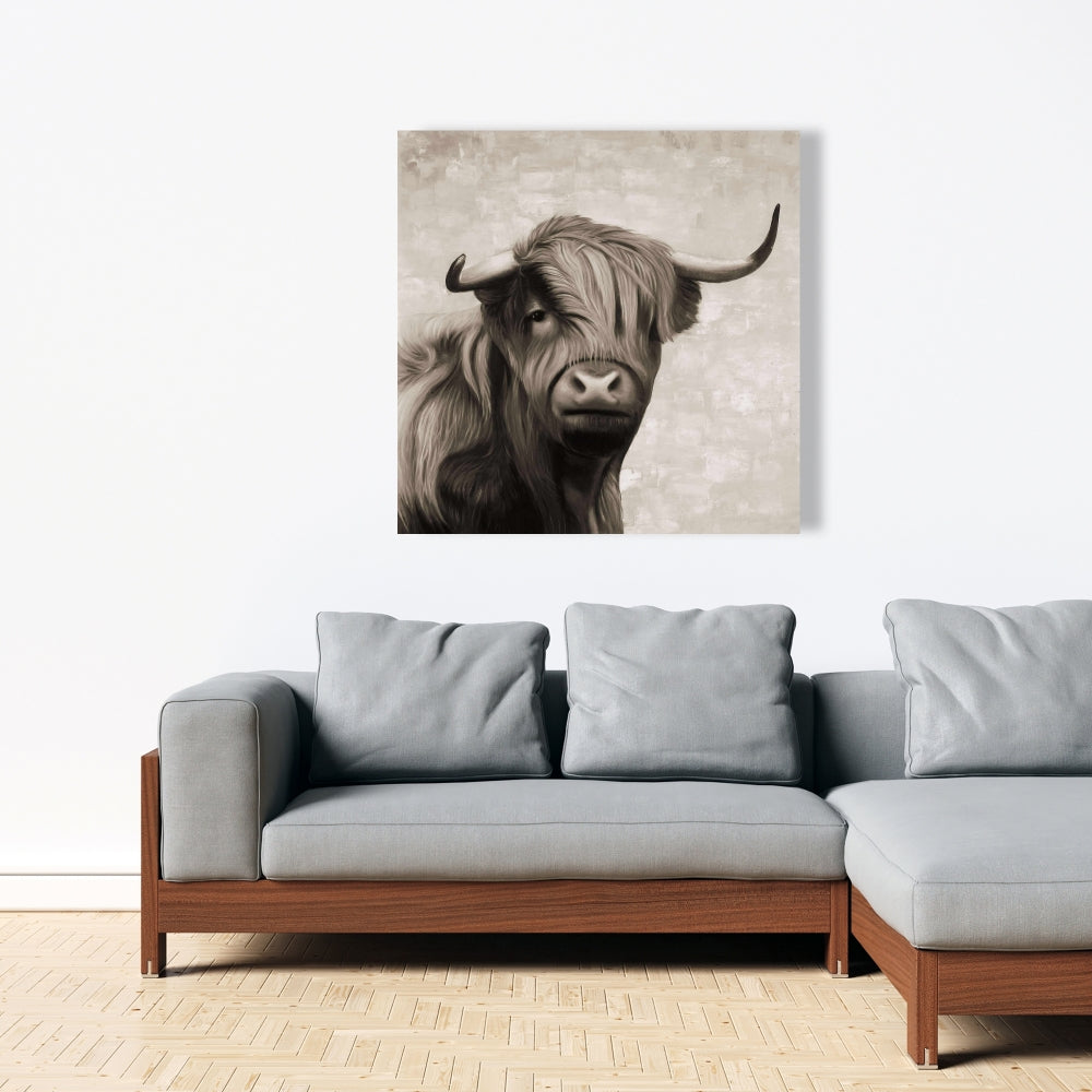 Highland Cattle Sepia Canvas - Beige Farm Animal Home Decor
