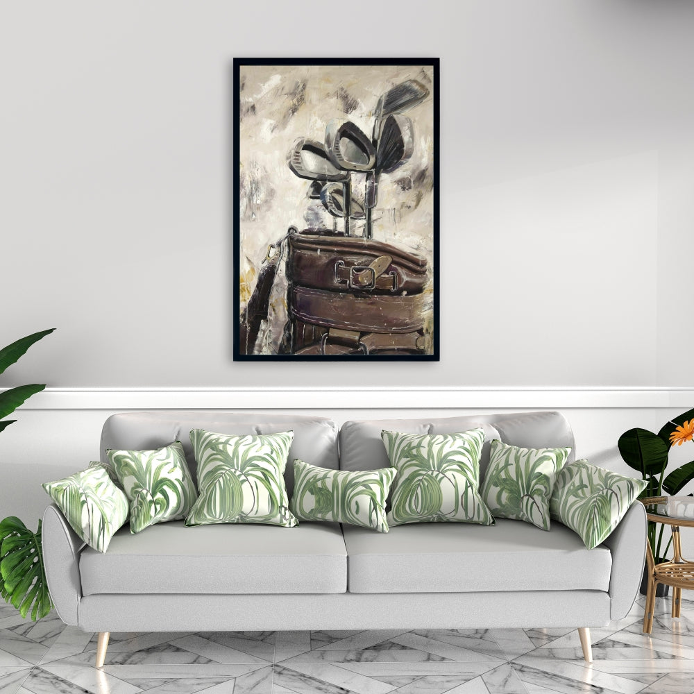 Toile vintage avec bâtons et sac de golf | Décoration murale