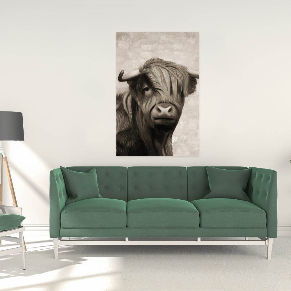 Highland Cattle Sepia Canvas - Beige Farm Animal Home Decor