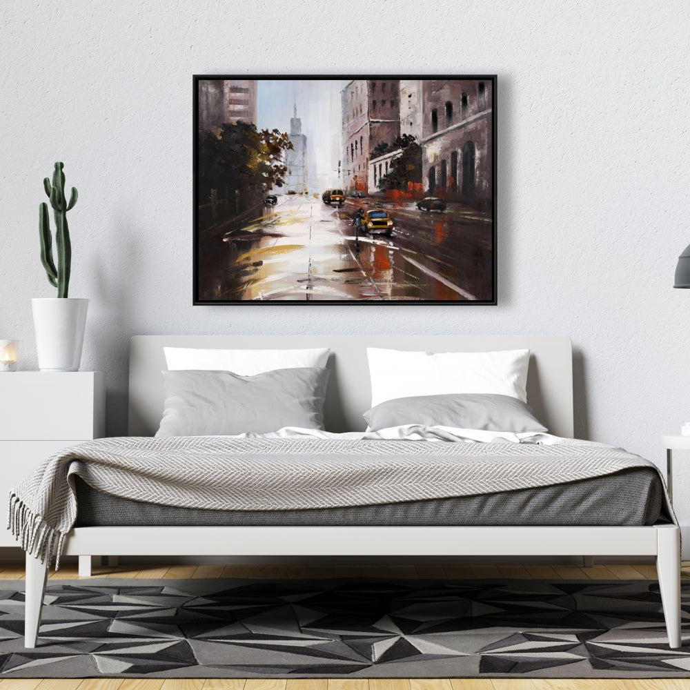 Toile « Scène de rue matinale » | Cadre marron | Décoration contemporaine