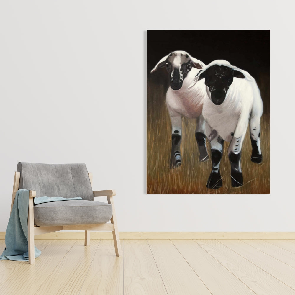 Two Lambs Black Canvas - Farm Animals Home Decor Artwork