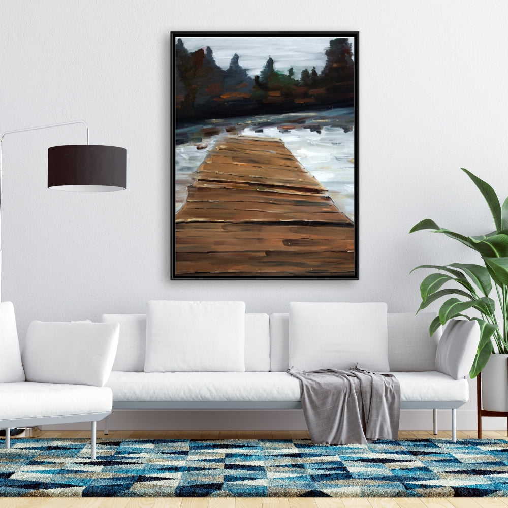 Coastal Rustic White Framed Dock and Lake Canvas | Home Decor