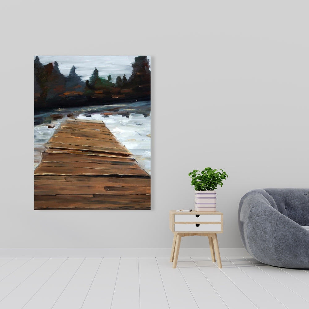 Toile blanche avec arbres rustiques - Décoration d'intérieur sur quai et lac