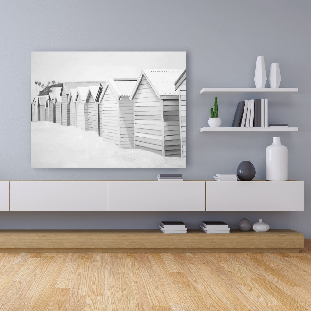 Toile « Cabines de plage » | Décoration monochrome mer blanche