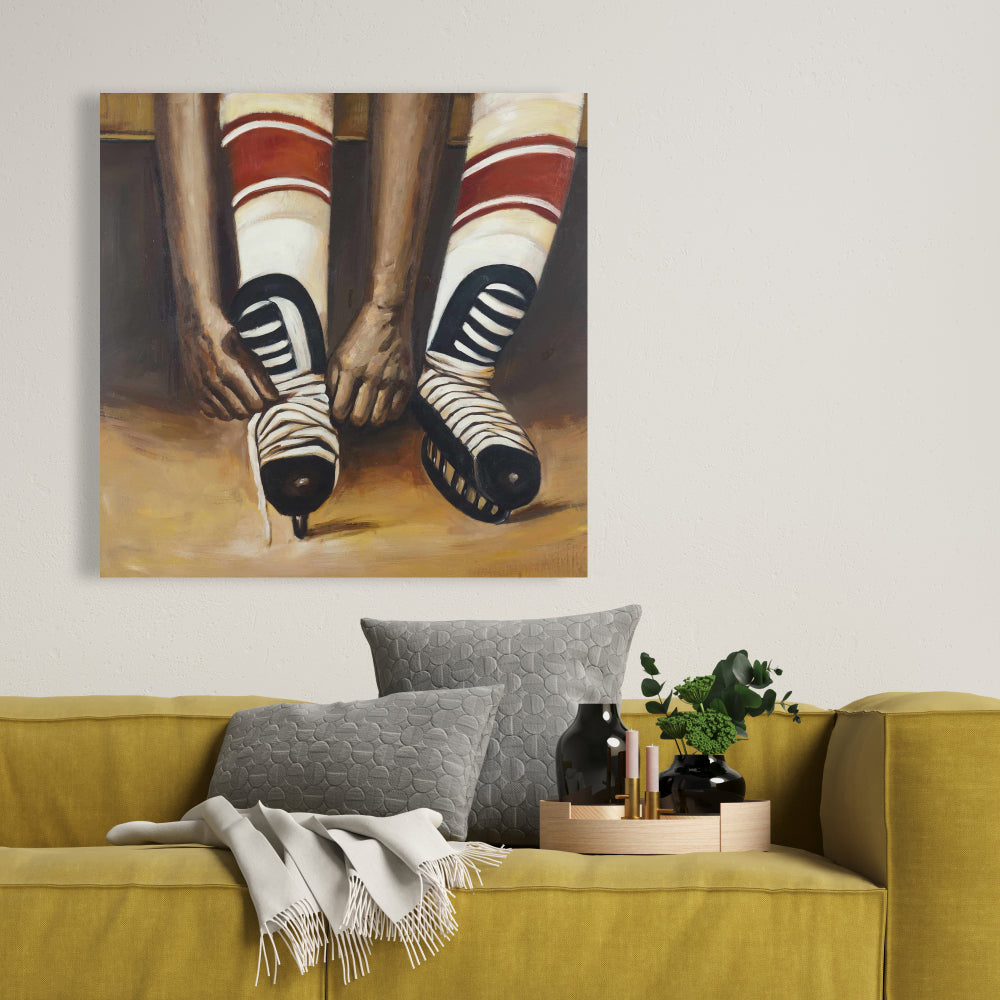 Brown Livingroom Canvas | Hockey Player Ties Skates Decor