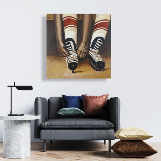Toile marron pour salon | Décor de hockey avec cravates et patins