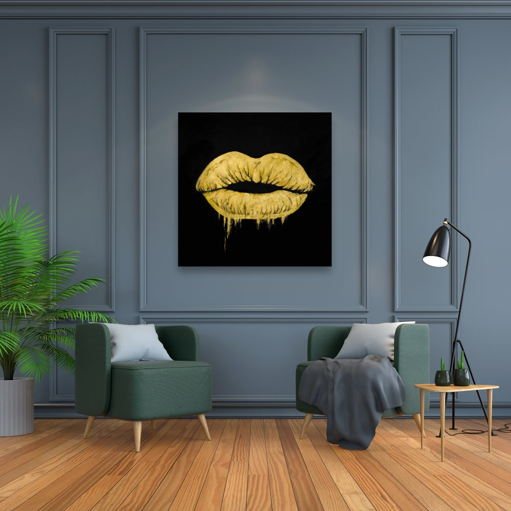 Golden Lips Black Canvas - Stylish Home Decor for Women