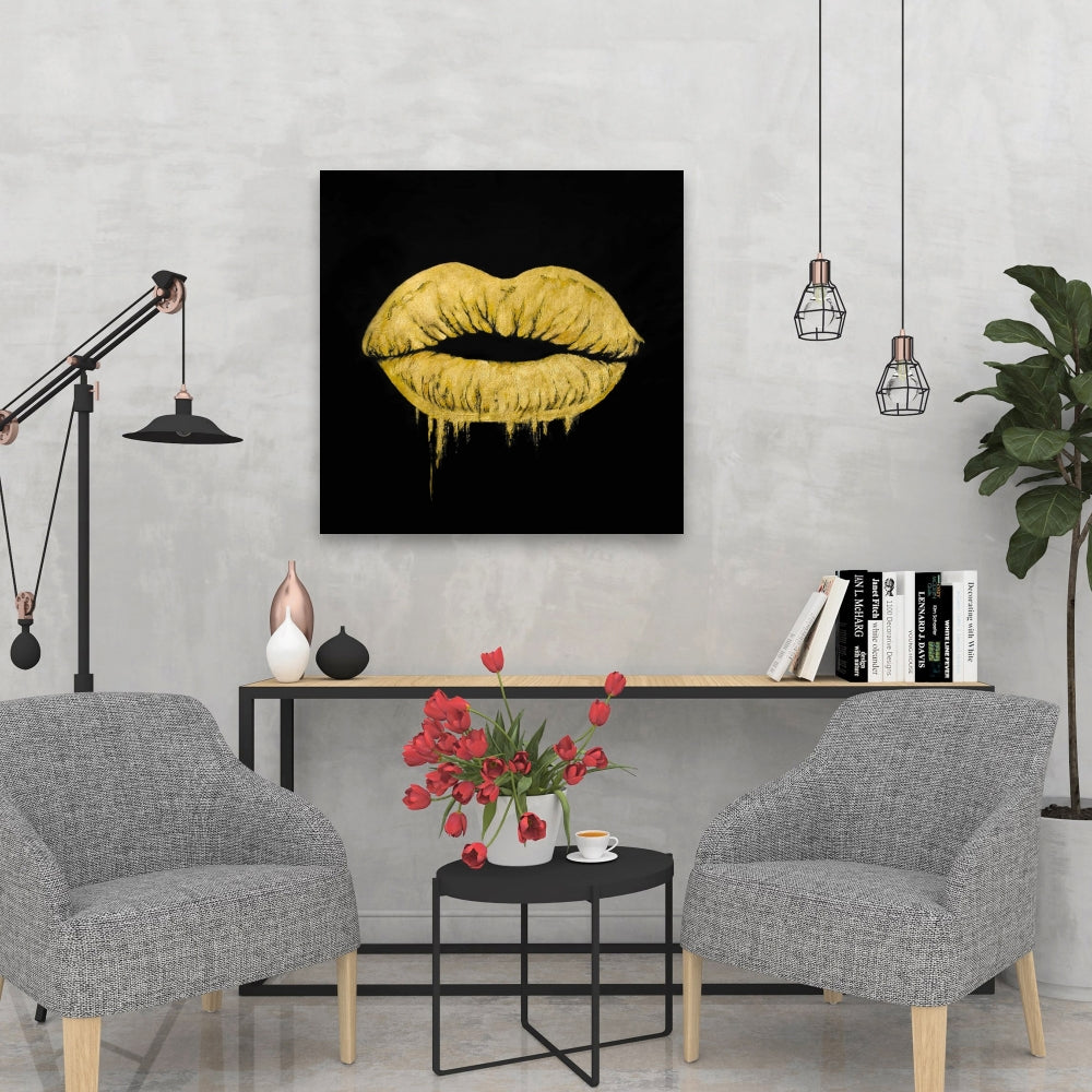 Golden Lips Black Canvas - Stylish Home Decor for Women