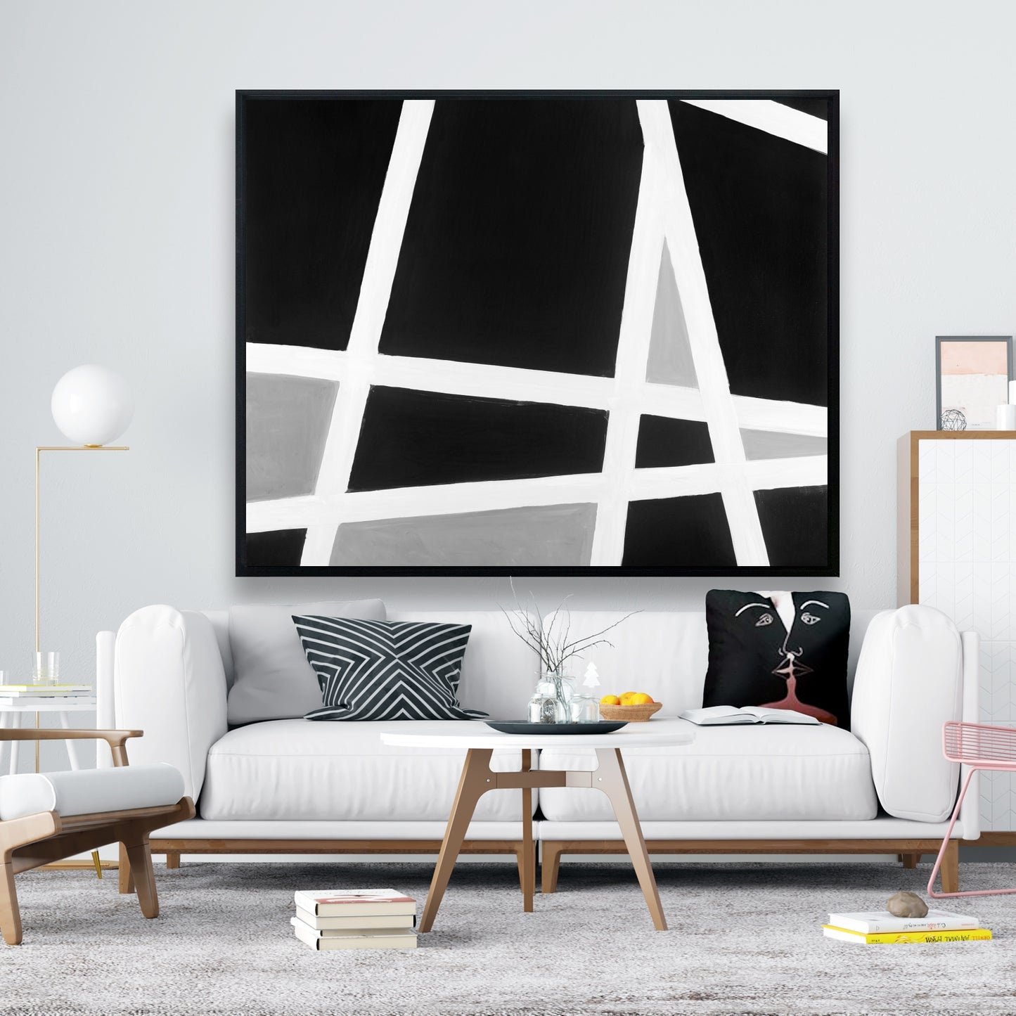 Shapes White Abstract Framed Canvas | Black and White Lines Decor