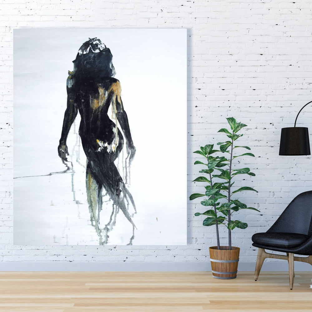 Toile abstraite représentant une silhouette de femme – Décoration d'intérieur figurative noire