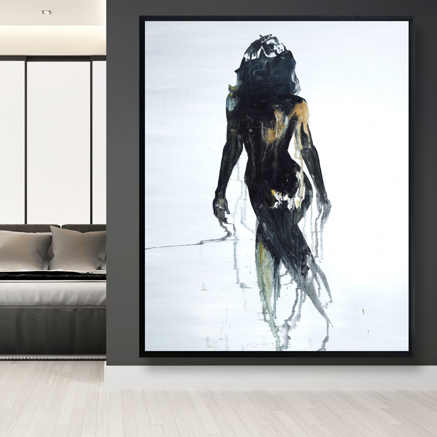Toile monochrome avec silhouette de femme | Décoration d'intérieur abstraite