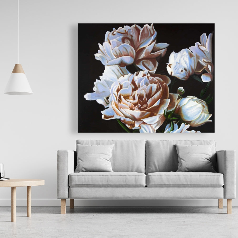 Peonies Canvas - White Leaves Bedroom Wall Art Home Decor